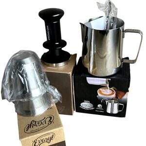 Espresso Tamper and cups Cups (2) with Zowie Frothing Pitcher, and